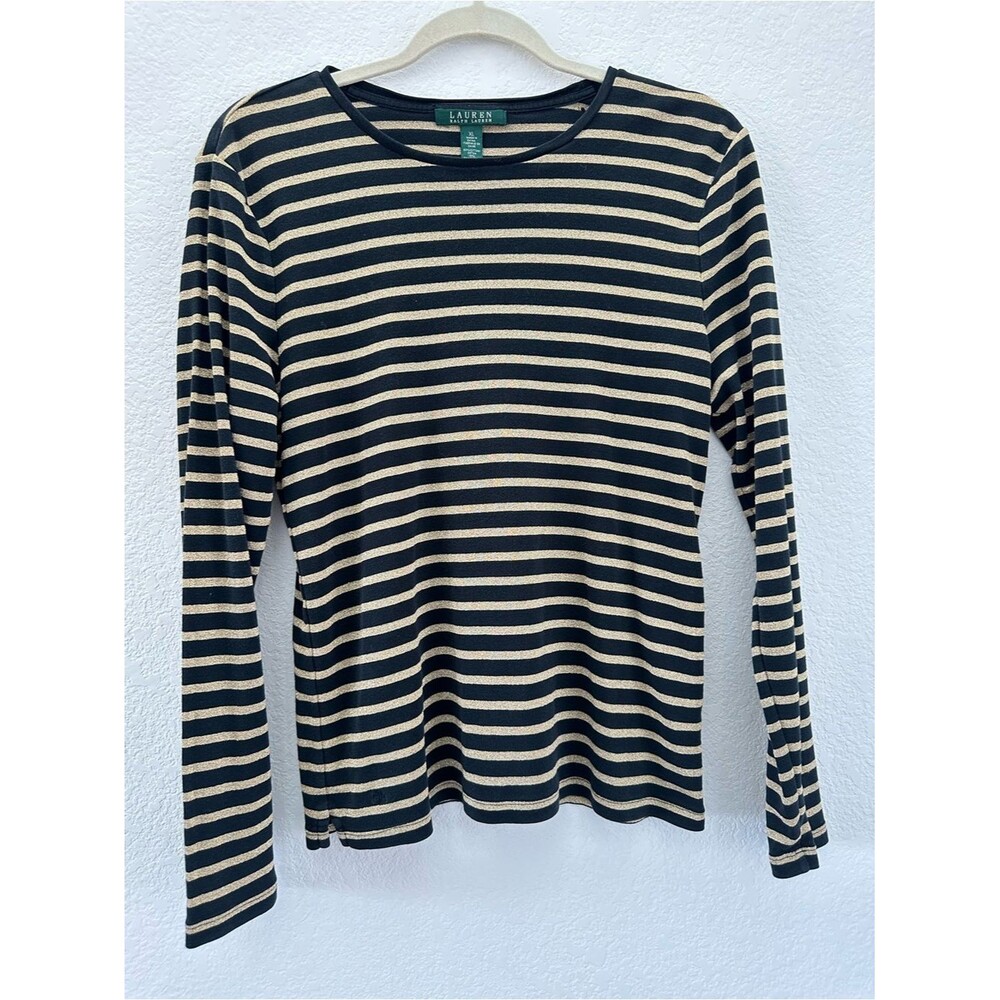 Lauren Ralph Lauren Striped Metallic Gold Knit Top Size XL Black Long Sleeve